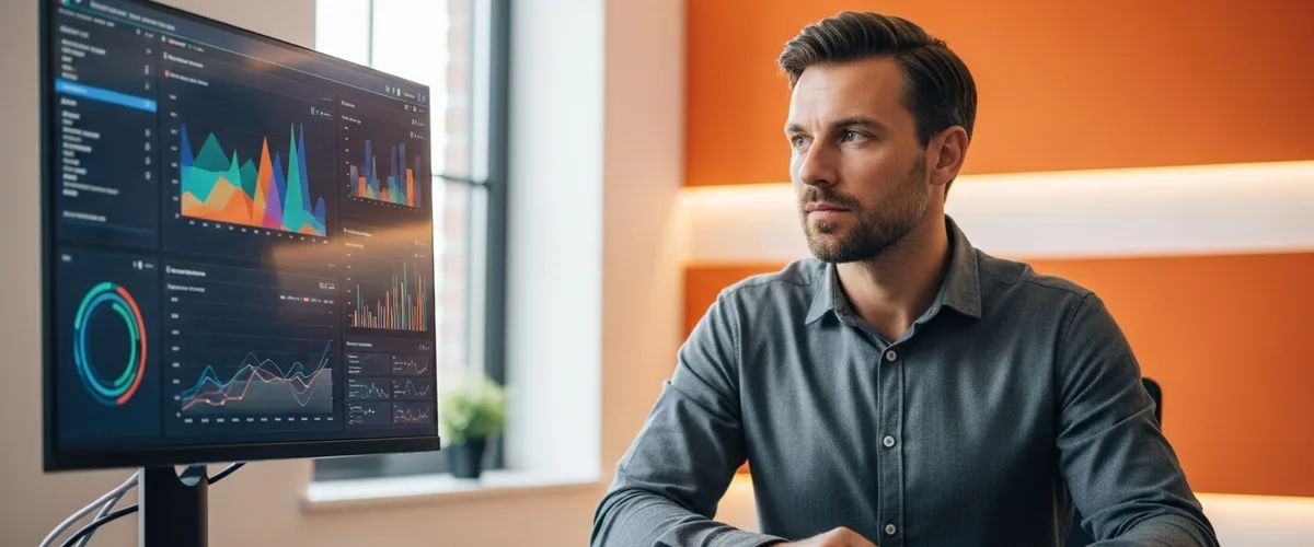 Snowflake engineer reviewing data warehouse dashboards on a monitor in a modern office