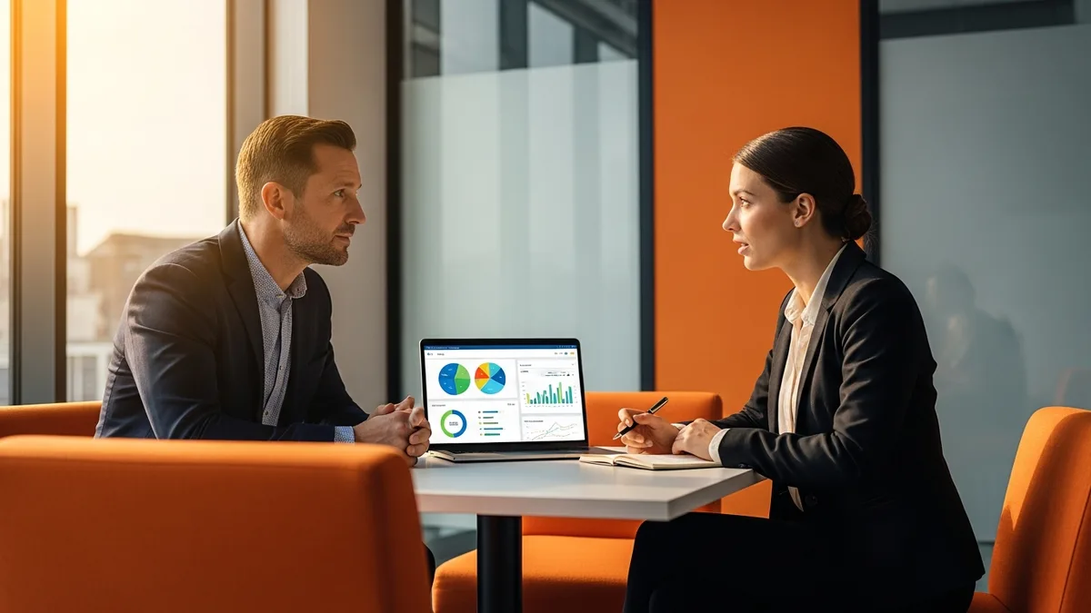 Hiring manager and Snowflake engineer candidate discussing results over a laptop in a conference room