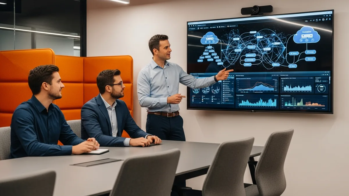 Data engineering team reviewing a Snowflake data pipeline architecture diagram on a wall-mounted monitor