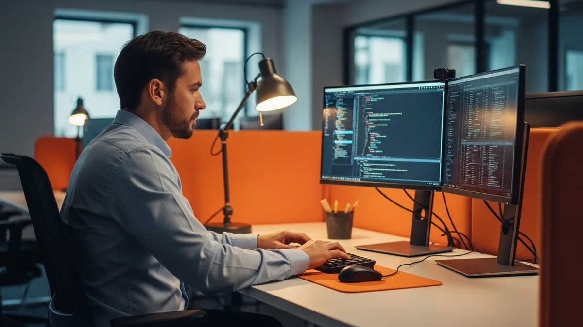 Snowflake engineer writing dbt and SQL transformations at a dual-monitor workstation