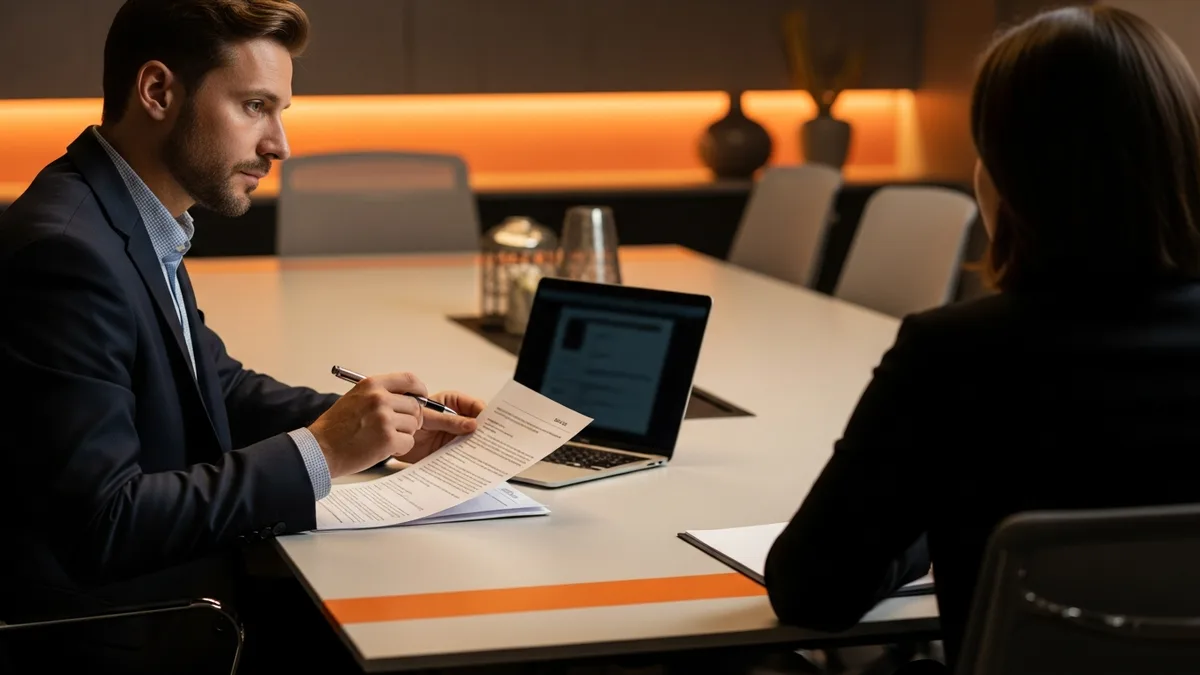 Hiring manager reviewing a Snowflake engineer job description draft and a candidate resume in a conference room