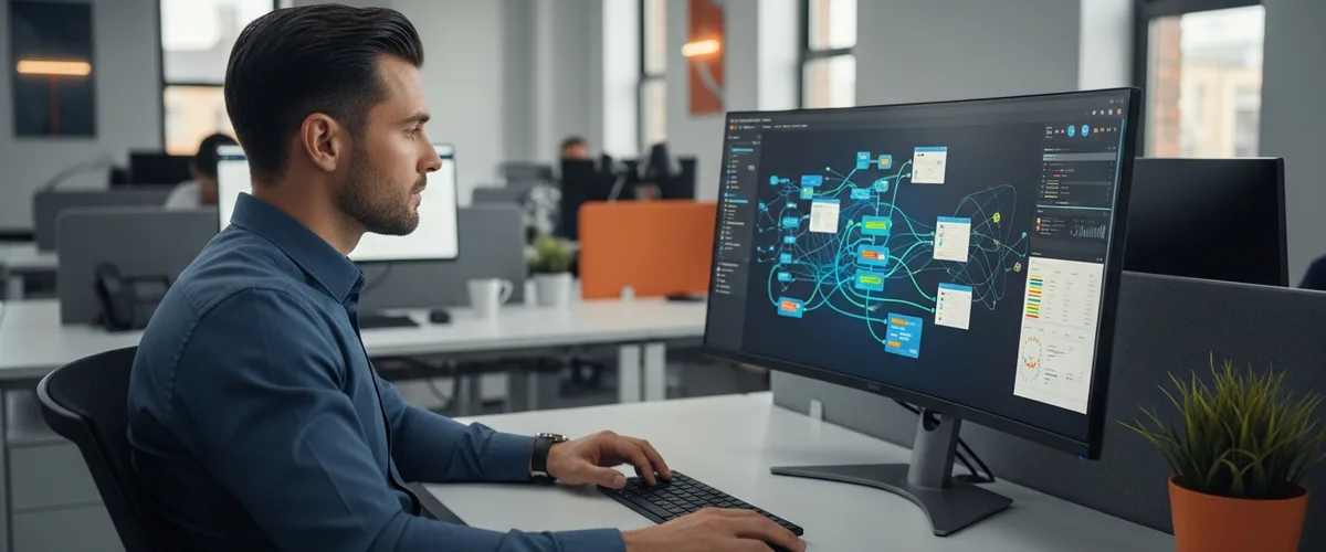 Snowflake data engineer reviewing data pipeline flow diagrams on a monitor in a modern office