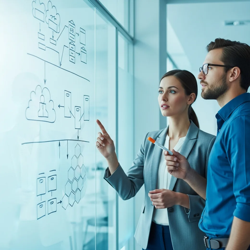 Two KORE1 recruiters comparing notes on Snowflake candidates at a whiteboard covered in cloud data warehouse architecture diagrams
