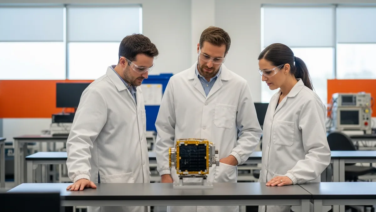 Three aerospace engineers in white lab coats reviewing a satellite component in a modern Southern California aerospace facility