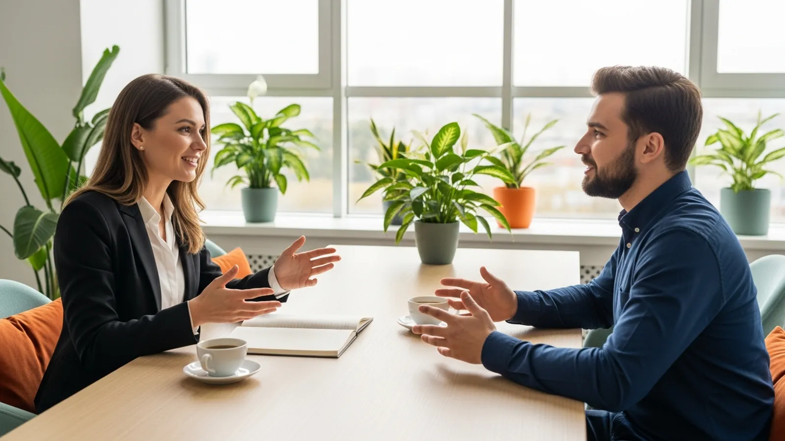 KORE1 software developer recruiter meeting with a software developer candidate in a bright modern office