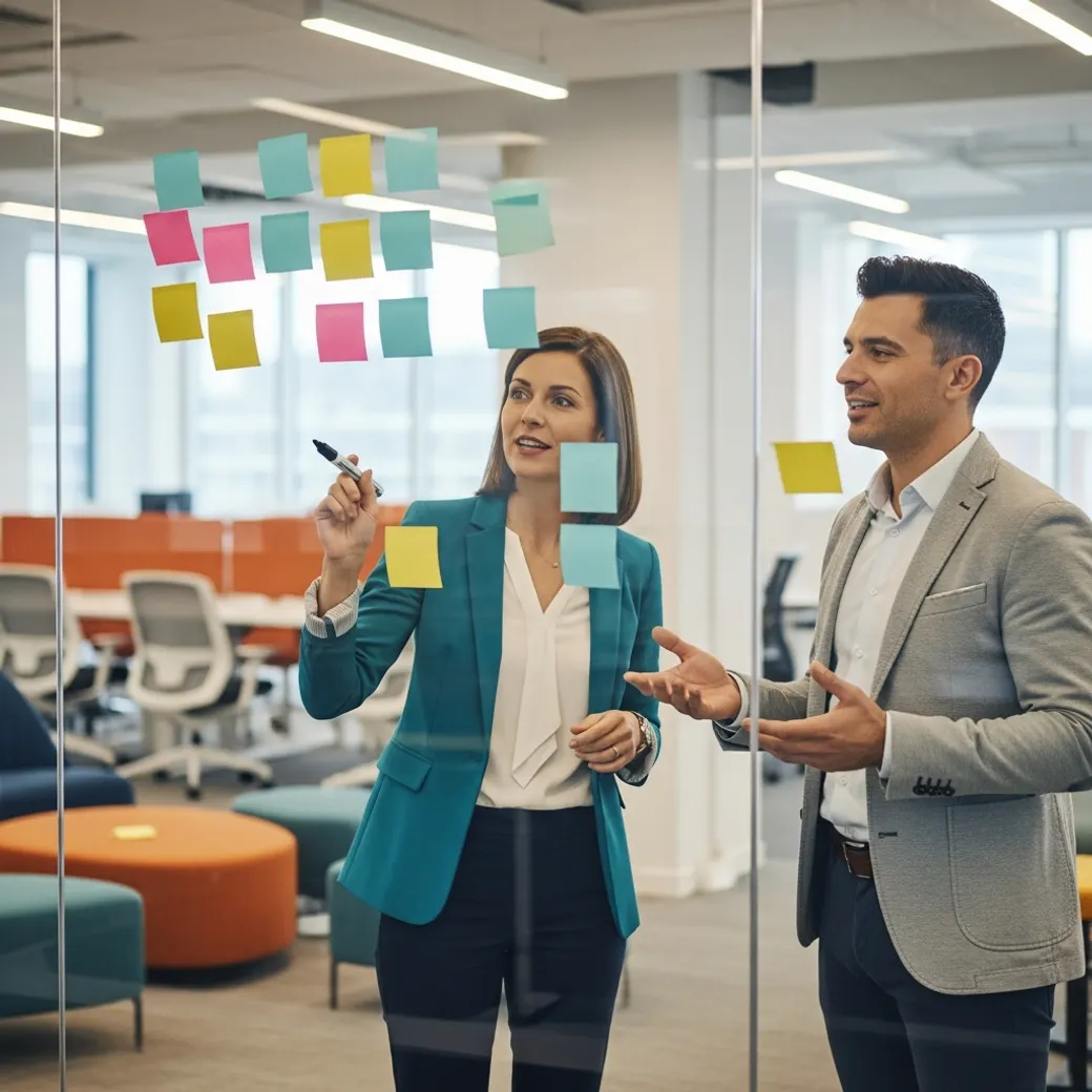 Two KORE1 recruiters comparing notes on software developer candidates at a whiteboard in a modern office