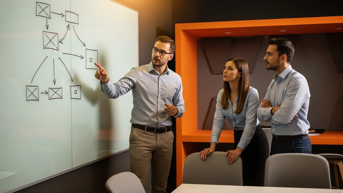 Software engineer presenting a system architecture diagram on a glass whiteboard to colleagues