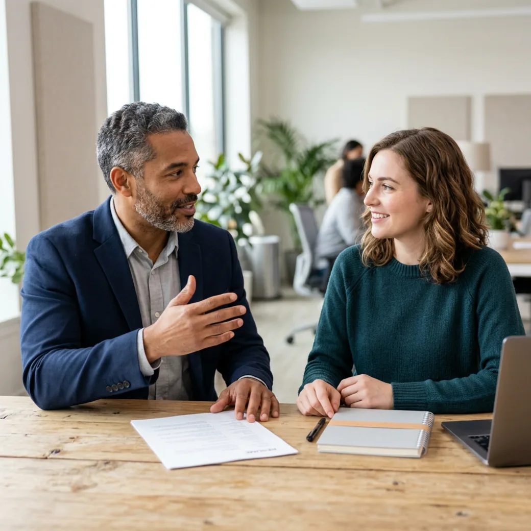 KORE1 software engineer recruiter reviewing a candidate's work history with the engineer across a table