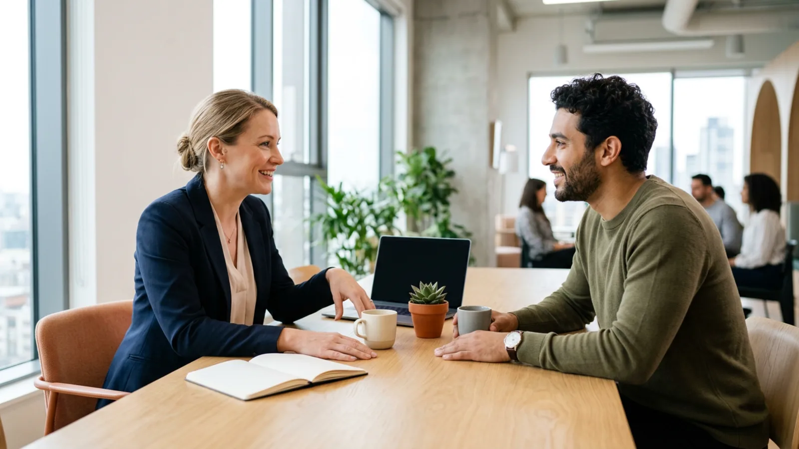 KORE1 software engineer recruiter talking with a software engineering candidate in a bright modern office