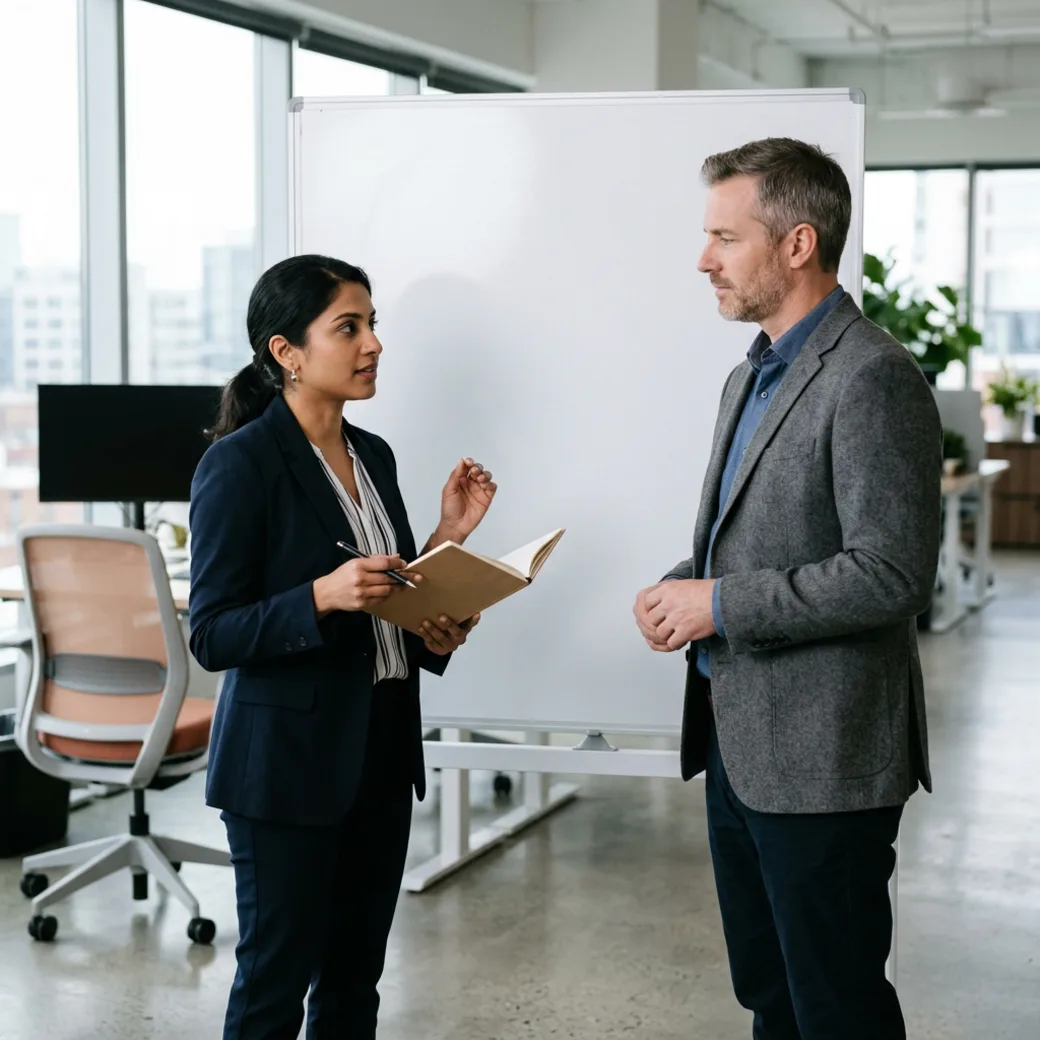 Two KORE1 recruiters comparing notes on software engineering candidates at a whiteboard in a modern office