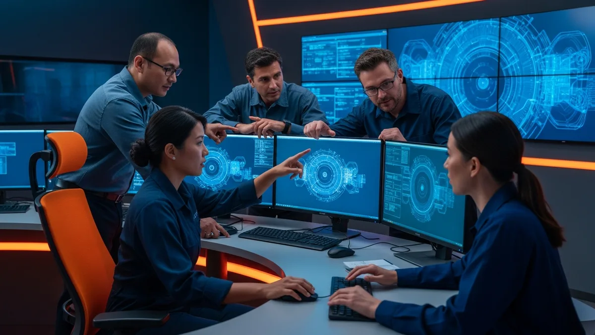 Aerospace engineering team collaborating around mission-control workstations displaying technical diagrams