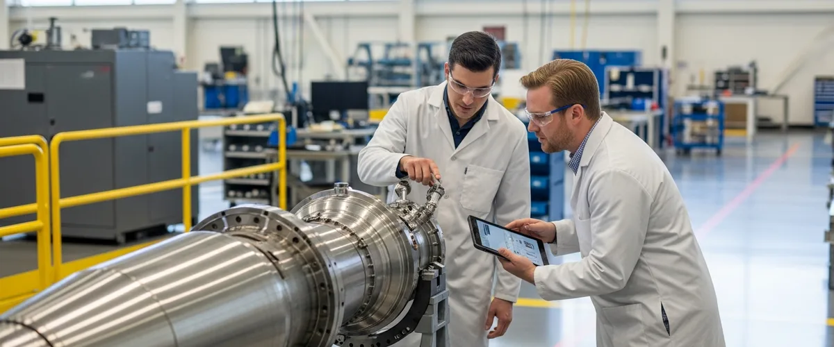 Two aerospace engineers in lab coats inspecting a polished rocket engine component on a Southern California manufacturing floor