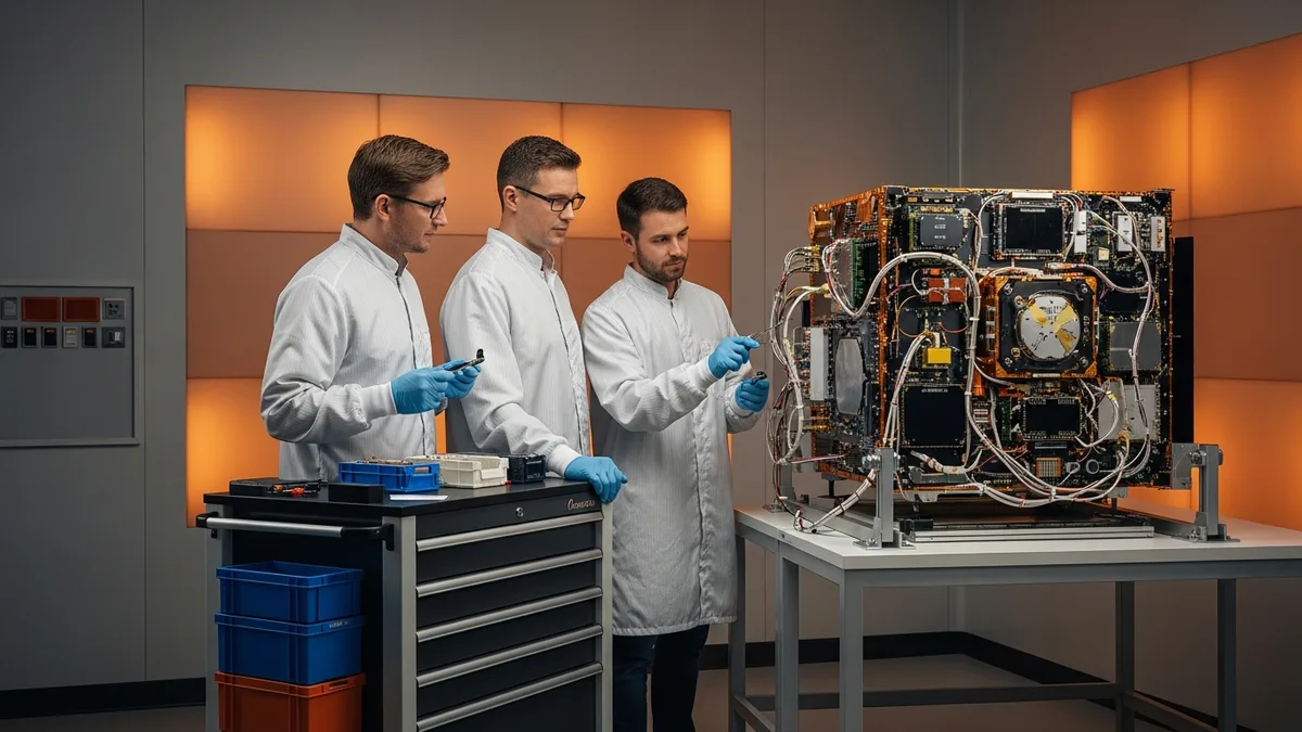 Three aerospace engineers in a clean room examining a satellite avionics assembly during a hardware review