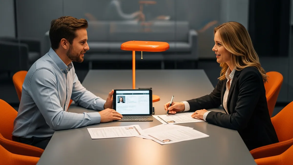 Hiring manager and recruiter reviewing aerospace engineering candidate profiles across a conference table