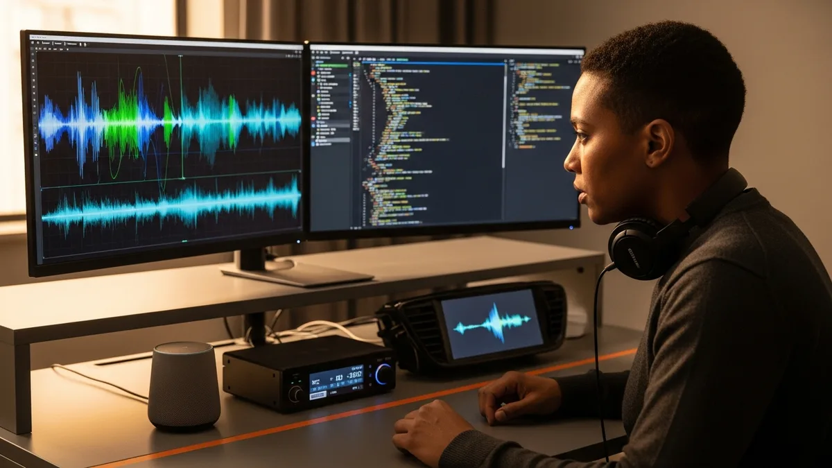 Senior Spotify audio streaming playback engineer testing low-latency audio on embedded devices at a 2026 engineering workstation