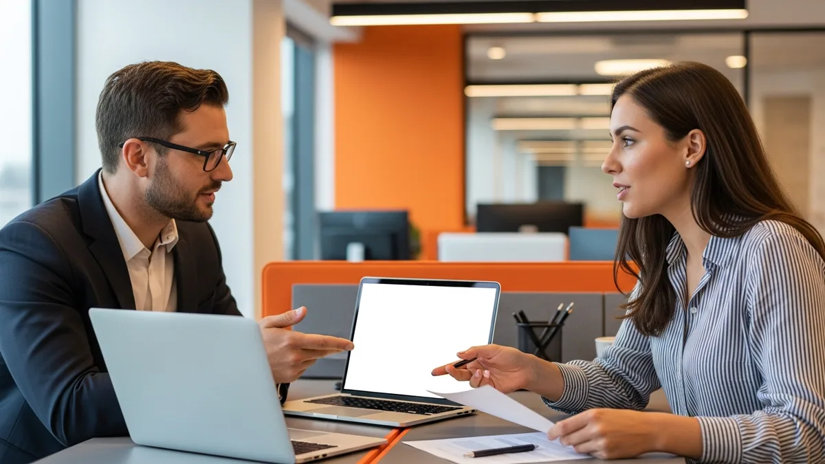 Two streaming engineers discussing Spotify audio and ML engineering skill profiles over a laptop in a 2026 office