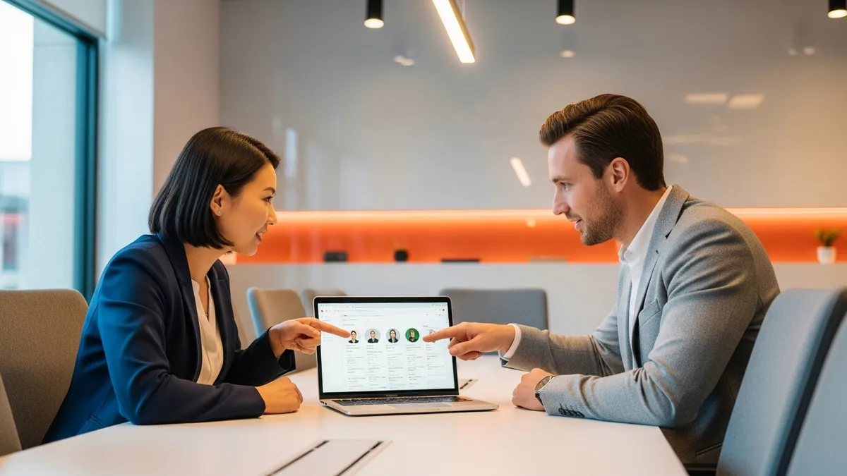 Hiring manager and KORE1 recruiter reviewing a pipeline of displaced Spotify audio and streaming engineers in 2026