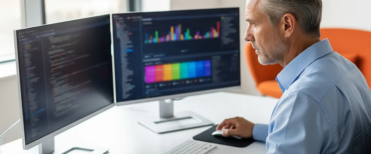 Senior SQL developer reviewing a query execution plan and stored procedure code across dual monitors, KORE1 SQL developer staffing