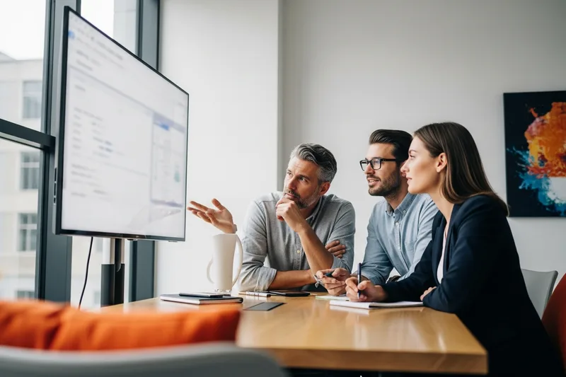 KORE1 technical recruiter reviewing a SQL developer candidate screen with a senior engineer panelist, query code on the wall monitor