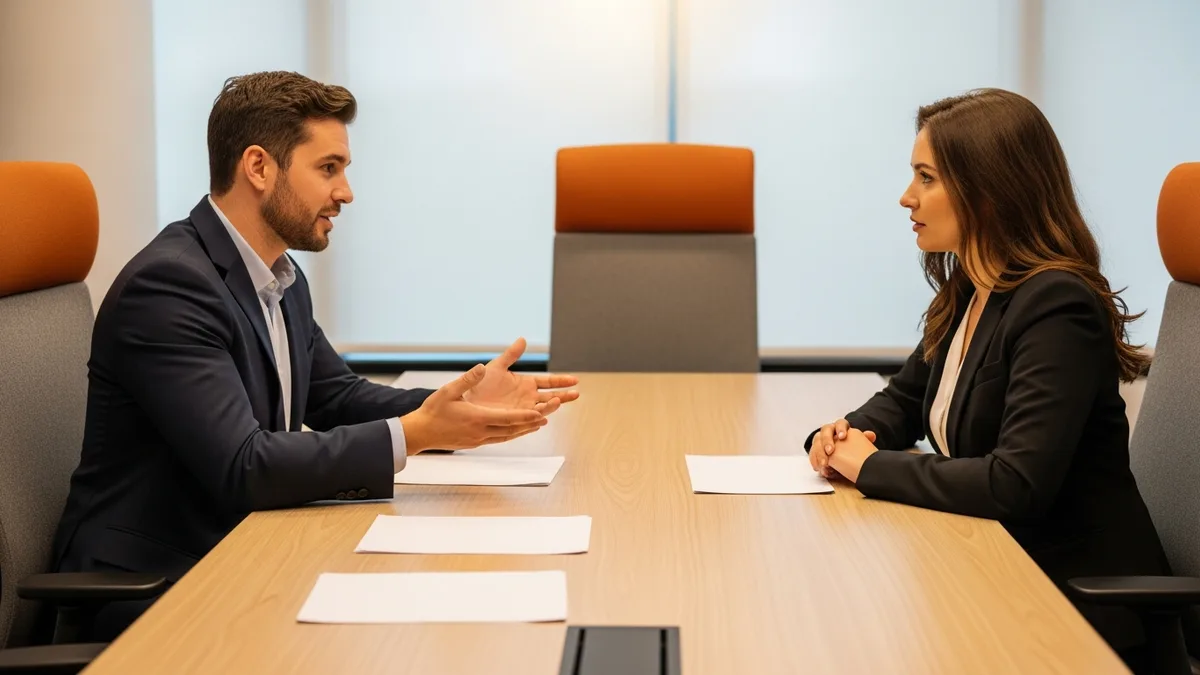 Hiring manager and recruiter discussing site reliability engineer compensation across a conference table