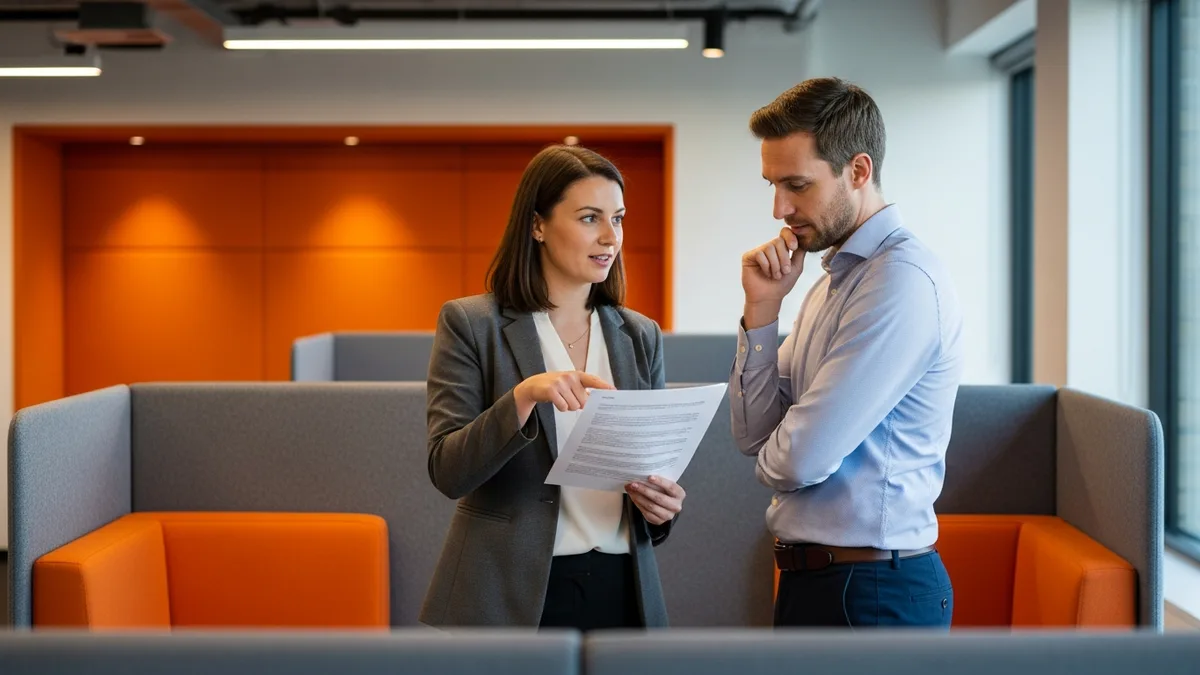 Two site reliability engineers reviewing a printed runbook in a modern office while discussing 2026 SRE salary bands