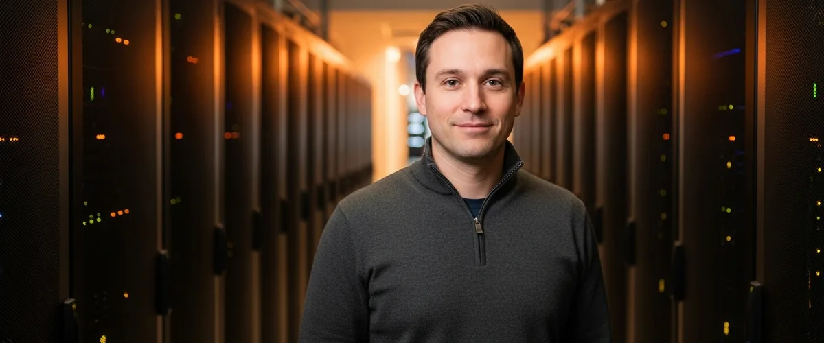 Site reliability engineer standing in a data center server aisle, illustrating the 2026 SRE salary guide