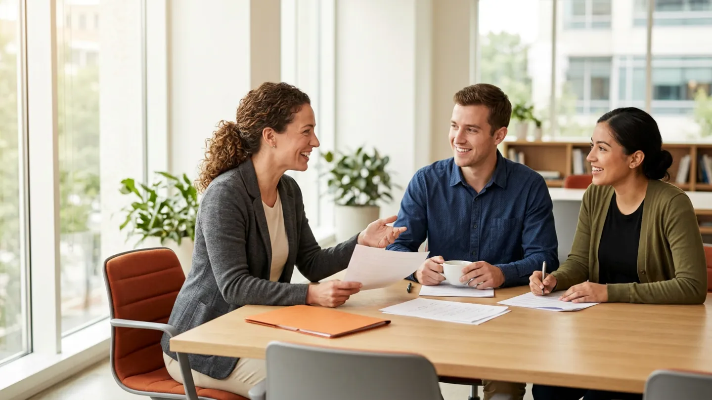 Client team lead collaborating with two augmented KORE1 professionals around a table in a bright US office