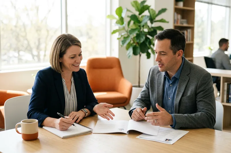 Hiring manager and KORE1 advisor planning team capacity over printed documents during a meeting