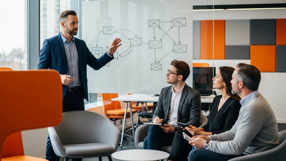 Staff software engineer leading a system architecture whiteboard session with a cross-team group of engineers