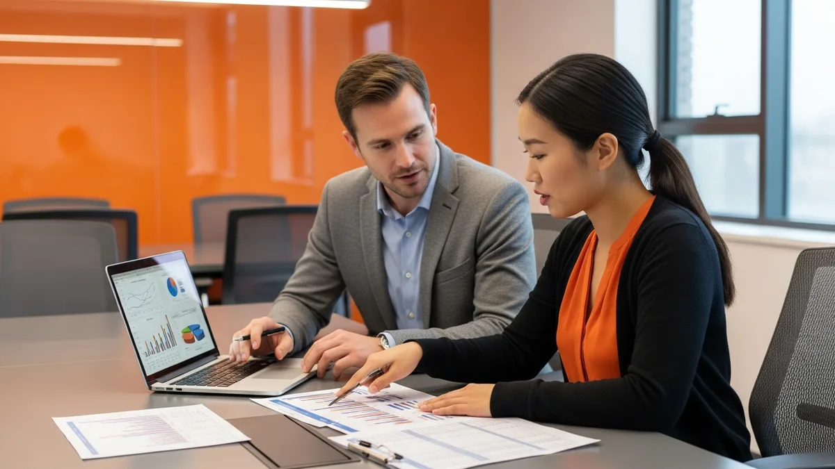 Hiring manager and recruiter comparing staff engineer salary benchmark data on a laptop and printed reports