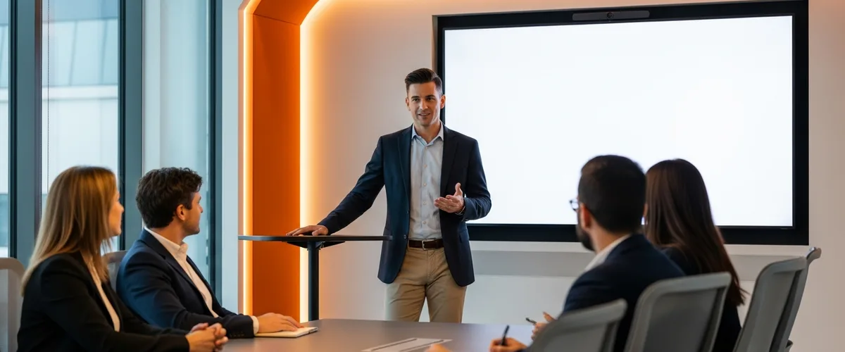 Staff software engineer presenting to a small team beside a screen in a modern office