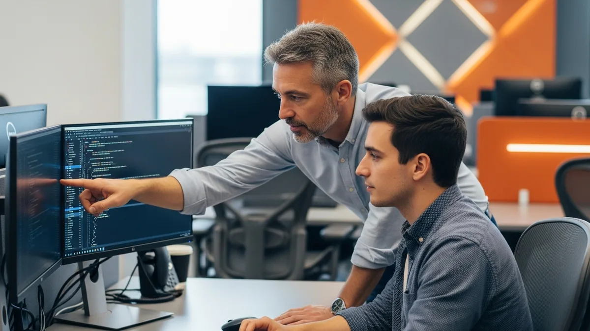 Staff software engineer mentoring a mid-level engineer at a dual-monitor workstation during a code review