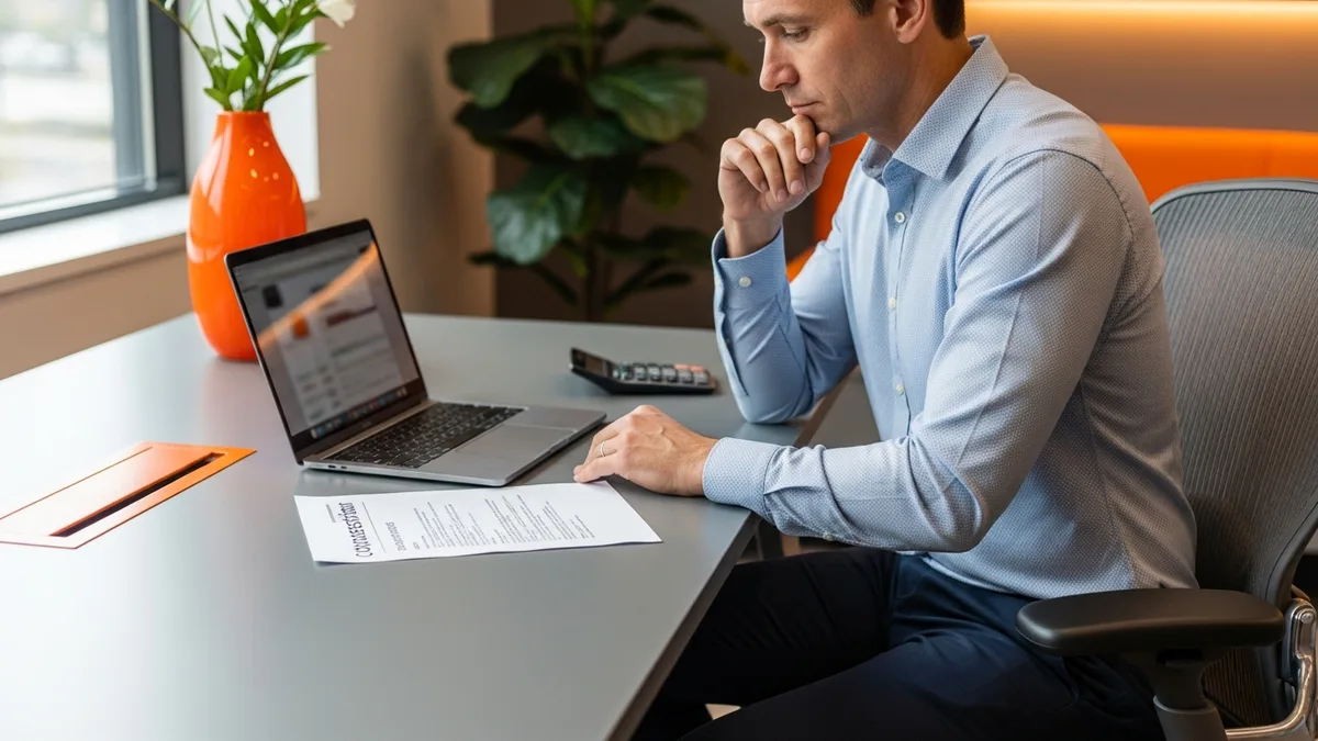 Hiring manager at a desk reviewing a printed staff engineer compensation offer weighing base, bonus, and equity