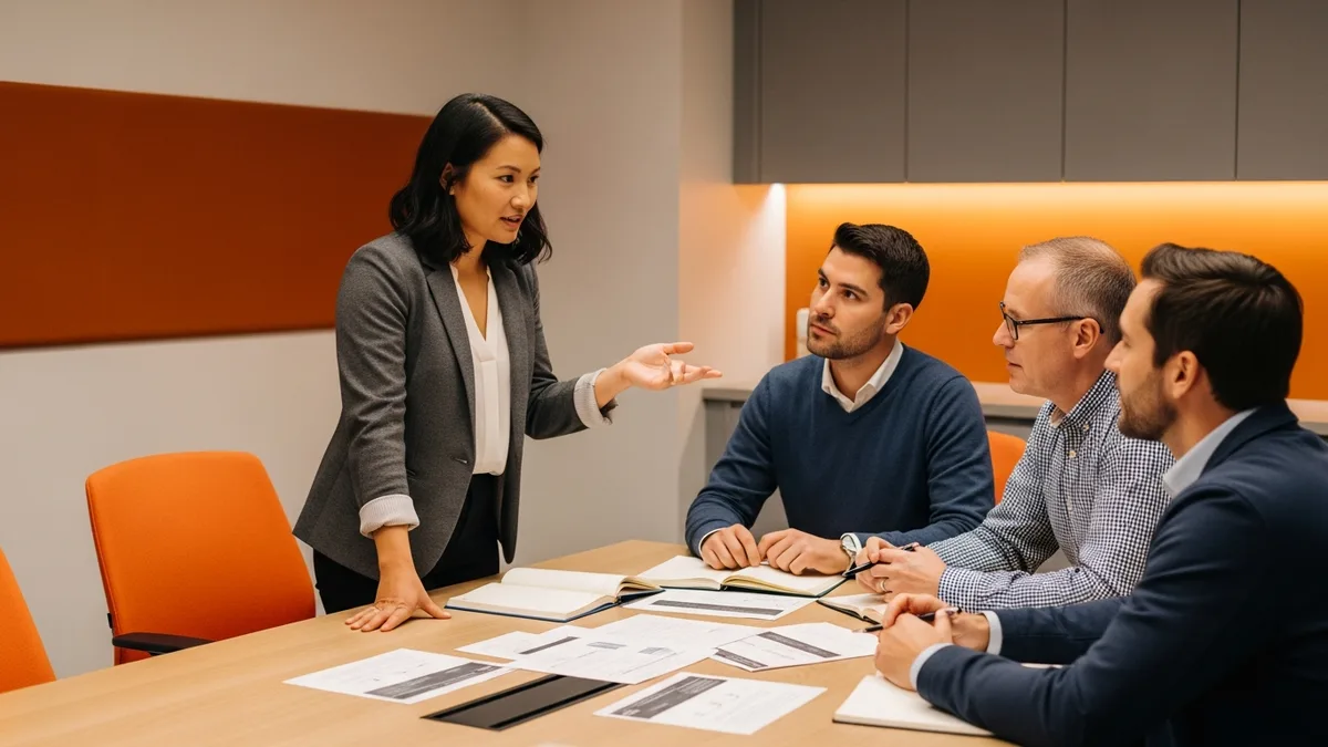 Staff software engineer leading an architecture design review with colleagues over printed documents
