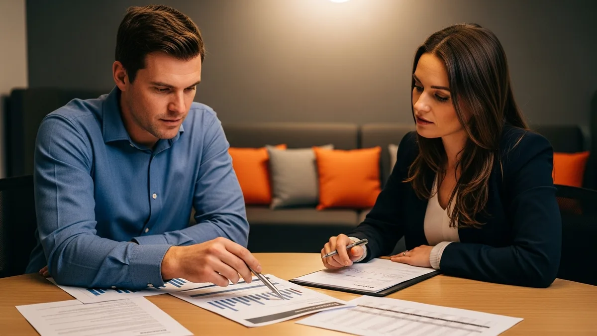 Two professionals reviewing printed staff software engineer salary and compensation reports