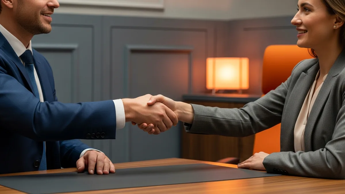 Hiring manager and recruiter shaking hands after a staff software engineer hiring decision