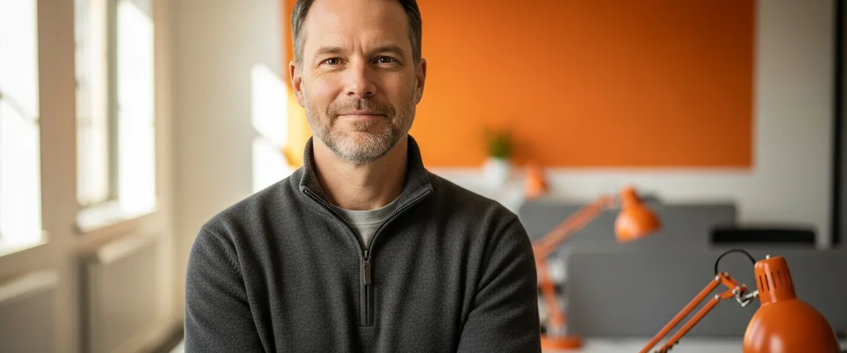 Staff software engineer standing in a modern office with an orange accent wall