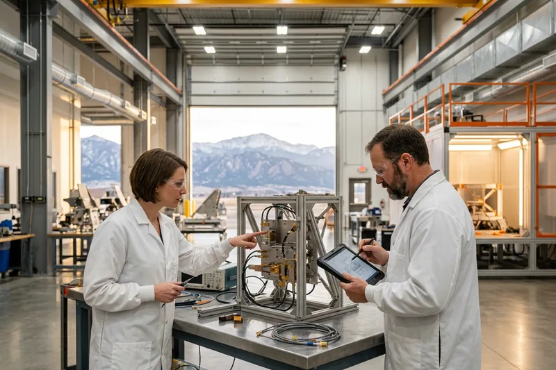 Aerospace and defense engineers in a clean high-bay facility inspecting a satellite ground-systems assembly on a fabrication jig in Aurora Colorado, with overhead cranes and the Rocky Mountain Front Range visible through the bay doors at golden hour