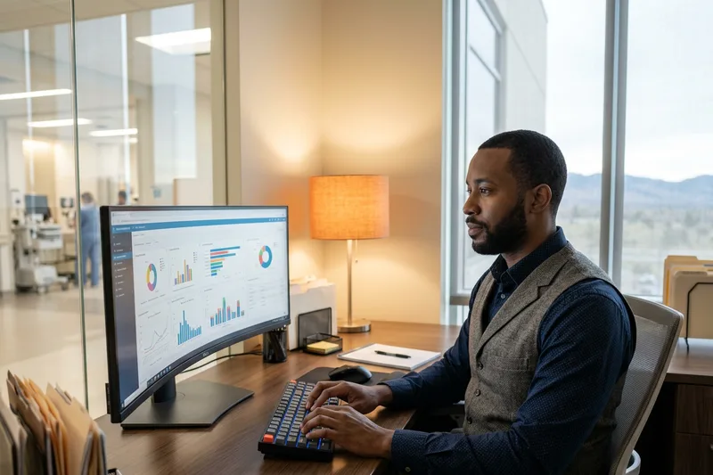 Healthcare IT consultant and physician reviewing an Epic clinical dashboard on a wall monitor inside a bright modern Anschutz Medical Campus hospital corridor in Aurora Colorado, with Front Range daylight spilling through tall windows
