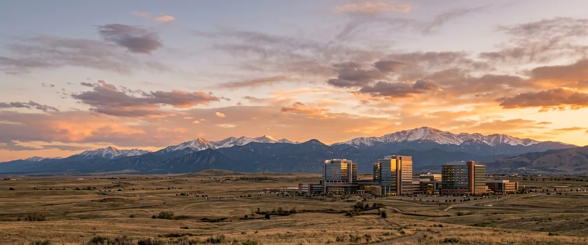 Aurora Colorado high plains skyline at dusk with the snow-capped Front Range and Rocky Mountains glowing on the western horizon, the Anschutz Medical Campus towers and Buckley Space Force Base radomes in the middle distance, and prairie grassland in the foreground under an amber and slate-blue Colorado sky