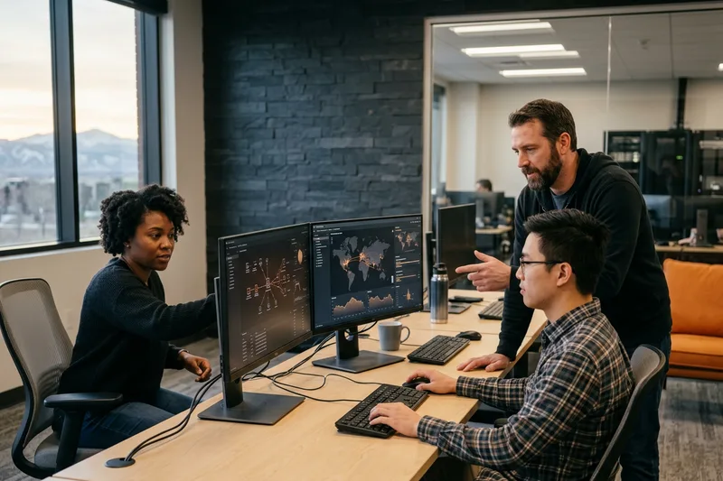 Cleared cybersecurity analysts and software engineers working at a secure multi-monitor operations center in a modern Aurora Colorado defense technology office, with the Front Range Rocky Mountains visible through floor to ceiling windows at sunrise
