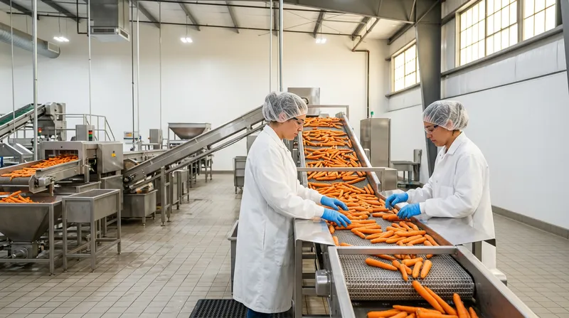 Interior of a clean modern Kern County agricultural food-processing and packing facility near Bakersfield California, with stainless steel sorting and packing lines and two food technologists in hairnets and safety gear inspecting produce quality under warm daylight from high windows