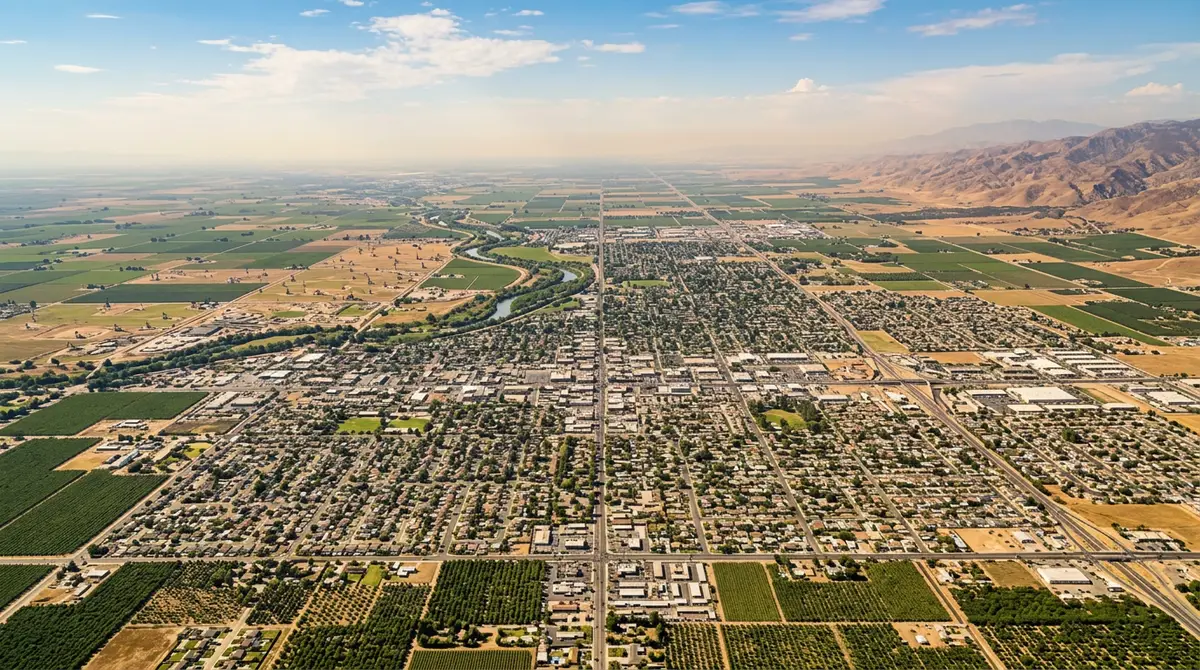 High aerial daytime view of Bakersfield California spreading across the flat southern San Joaquin Valley floor, surrounded by green agricultural fields, vineyards, and orchards with scattered oil derricks and the Kern River corridor, the brown Tehachapi and Sierra Nevada foothills rising on the hazy horizon