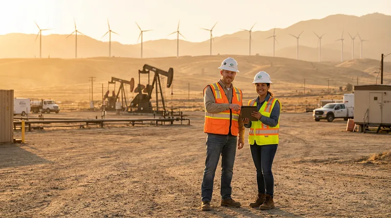 Two energy engineers in hard hats and safety vests reviewing a tablet together on a sunlit Kern County oilfield and renewable energy site near Bakersfield California at golden hour, with oil pumpjacks, pipeline infrastructure, and wind turbines on the Tehachapi ridgeline in the warm distance