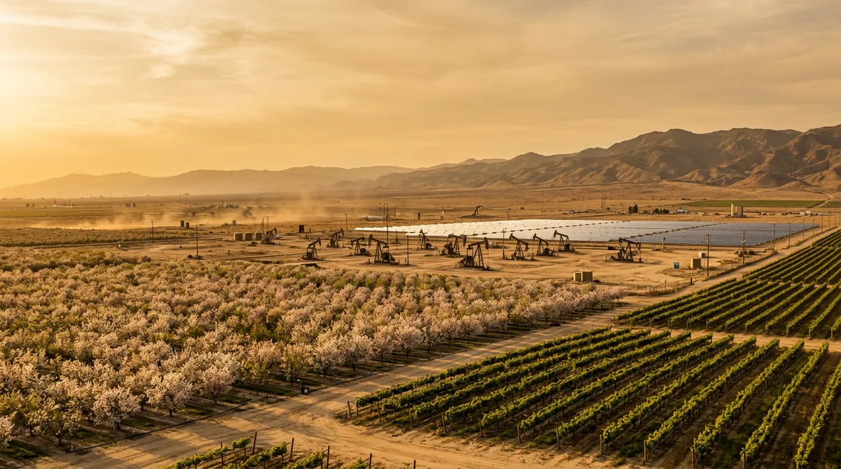 Golden-hour view of the southern San Joaquin Valley around Bakersfield California with blossoming almond orchards and table-grape vineyards in the foreground, working oil pumpjacks and a solar array in the middle distance, and the brown Tehachapi foothills under a hazy amber California sky