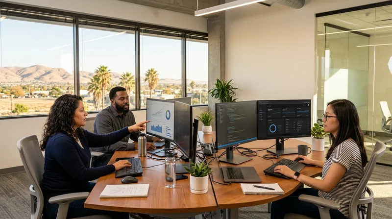 A small modern technology team of three IT professionals collaborating at multi-monitor workstations inside a bright contemporary Bakersfield California office, with large windows showing warm San Joaquin Valley afternoon light and distant foothills