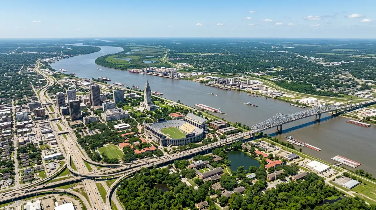High aerial daytime view of the Baton Rouge Louisiana region along the Mississippi River, with the downtown skyline, the State Capitol tower, the LSU campus, the river bridge, the riverside industrial corridor, and the green suburbs of Ascension and Livingston parishes under a clear sky