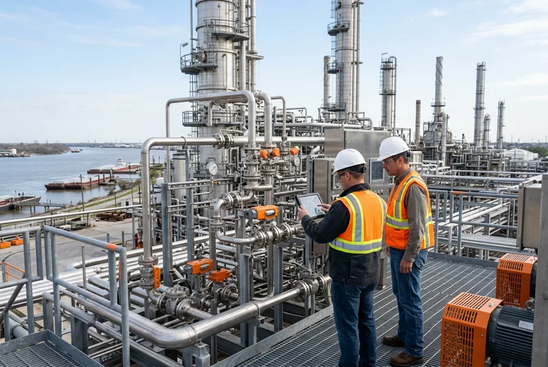 Two engineers in hard hats, safety glasses, and high-visibility vests reviewing a tablet beside the pipe racks and distillation columns of a petrochemical plant along the Mississippi River near Baton Rouge Louisiana, with stainless steel process equipment and orange safety accents under bright daylight