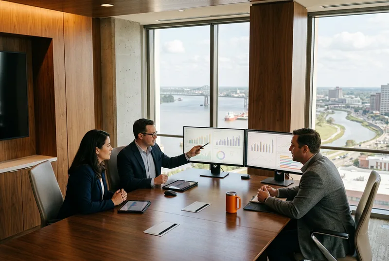 Three finance professionals reviewing financial data on monitors at a conference table inside a modern downtown Baton Rouge Louisiana office tower with warm wood paneling, an orange accent, and large windows overlooking the Mississippi River