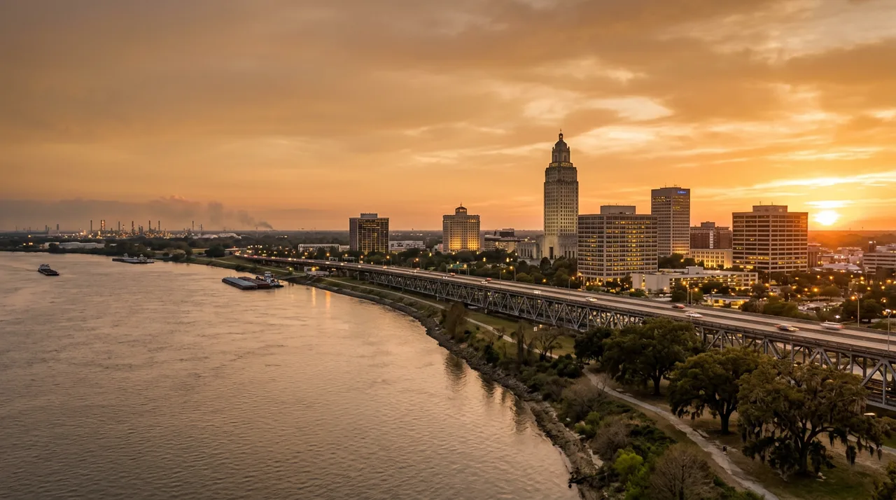 Golden-hour view of downtown Baton Rouge Louisiana with the art deco State Capitol tower rising above the skyline, the Mississippi River and the Horace Wilkinson bridge in the foreground, and the haze of the riverside industrial corridor in the distance